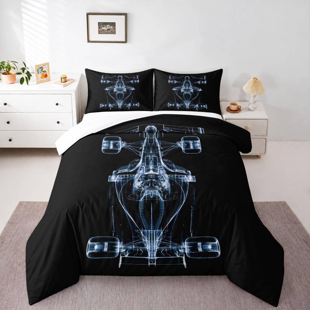 F1 Car X Ray Wireframe Blueprint Bedding set (1 duvet cover, 2 pillowcases, duvet not included), Black Blue Holographic Top View Art Print