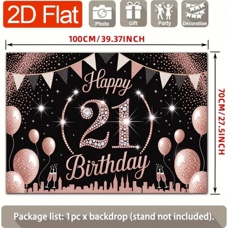 2D Plane 21st Birthday Happy Rose Gold Background Cloth Suitable for Birthday Party Decoration Polyester Fiber