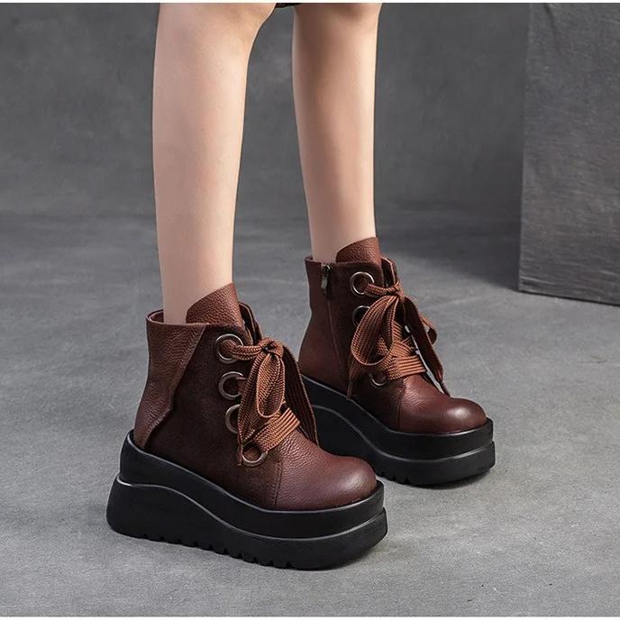 Johnature Genuine Leather Wedges Short Boots Retro Thick Soled Side Zipper Versatile Women's Shoes