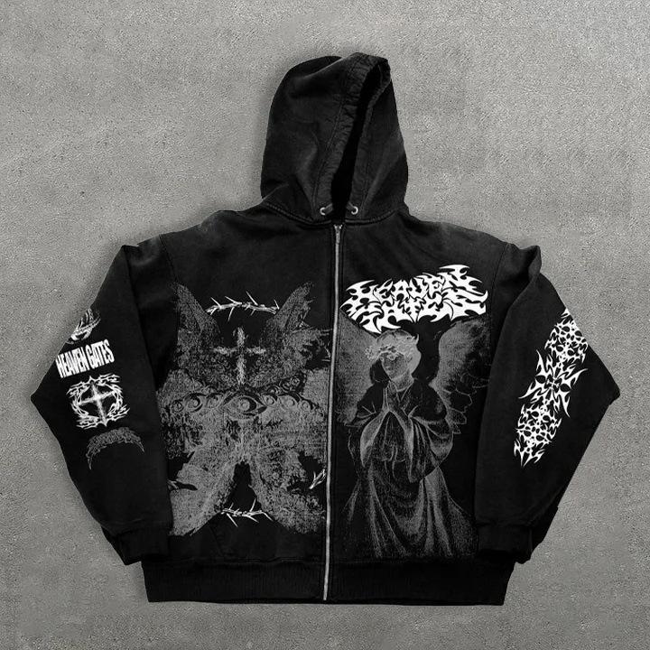 American Autumn and Winter Angel Print Hoodie Zipper Men's and Women's Loose Sweater Retro Style
