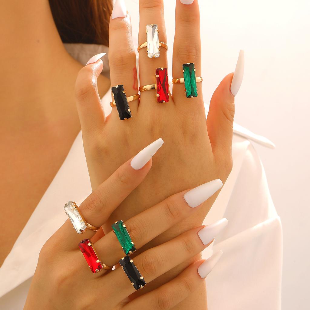 2pcs set Elegant Colorful Square Glass Zircon Stone Rings for Women Jewelry Anniversary Anti-allergy Crystal  Rings Gift