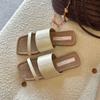 Sheepskin~ Square head retro one-word open-toed flat-bottomed slippers women's summer wear leather versatile beach cool slippers