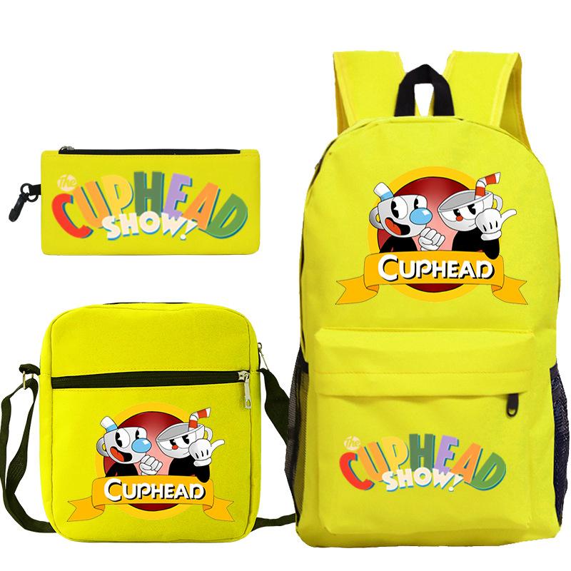 Cartoon Teacup Head Cuphead Student School Bag Backpack Three-piece Set Children's Shoulder Bag Pencil Bag