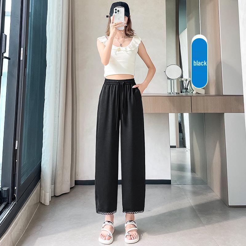 

Women s Lace Trim Satin Wide Leg Pants - Summer Straight Leg Nine-Point Style X-Large чёрный