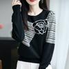 Damen Locker Gestrickter Pullover Mit 3D Rundhalsausschnitt Langarm Feine Wollmischung Lässig Bürokleidung