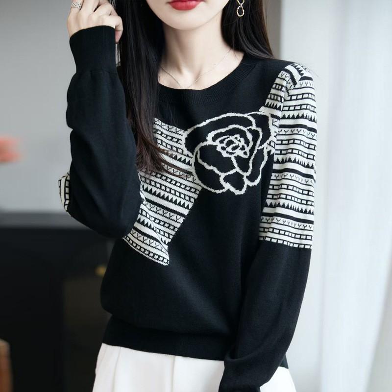 Damen Locker Gestrickter Pullover Mit 3D Rundhalsausschnitt Langarm Feine Wollmischung Lässig Bürokleidung