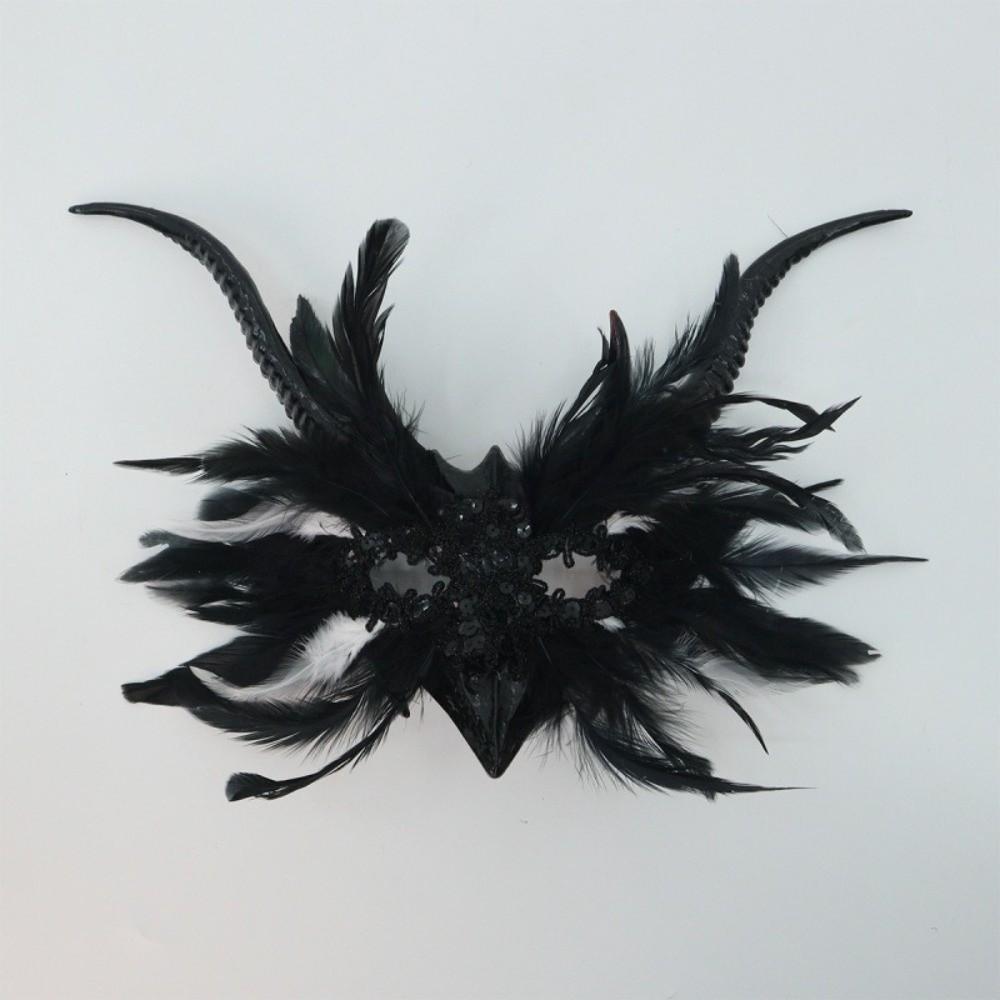 Maskenballmaske im Vintage-Stil, Halbgesichtsmaske, Schwarze Feder-Pailletten-Verzierung, Maskenball, Gotisches Design, Große Hörner Augenmaske, Abschlussball-Event