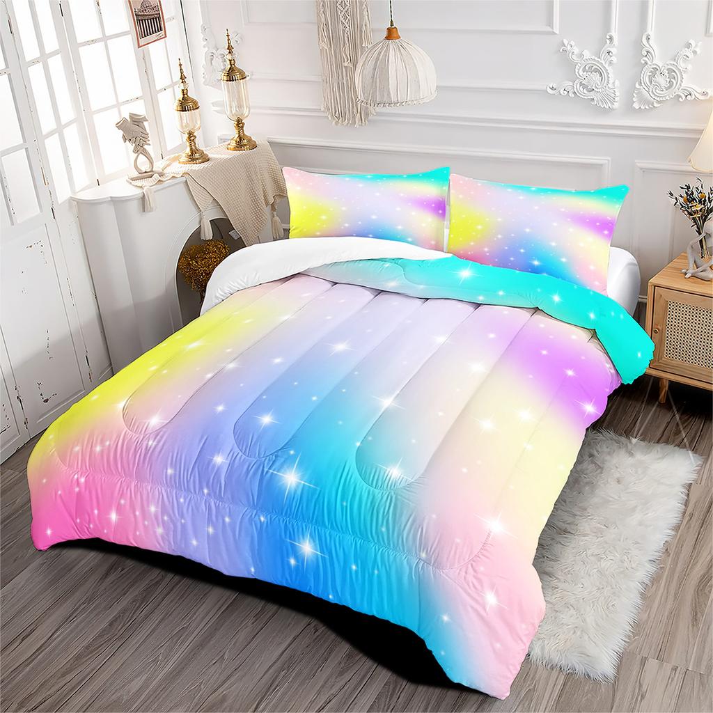 Quilt Gradient Clouds Sky Layered Feather Silk Quilt Fat Quilt Core Rainbow Quilt Cover Three-piece Set