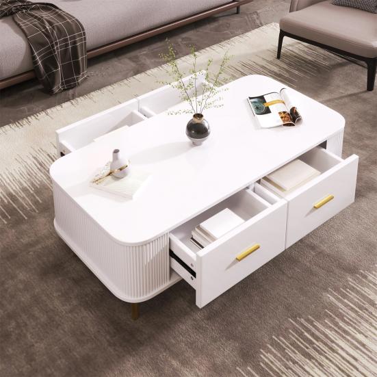 Coffee Table Golden Handles with Two Drawers Large Storage Space Curved Corners Wavy Side Storing MDF Rectangle Shape Tea Table Home