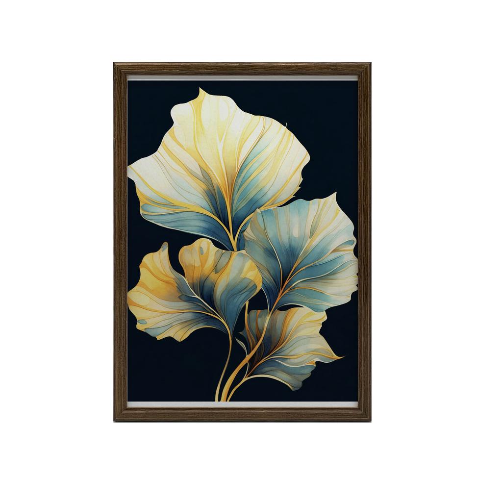 Liście W Akwareli - Ciemny Akwamaryn I Bursztyn Liście W Akwareli - Ciemny Akwamaryn I Bursztyn, 30X40 Cm, Rama Aluminiowa Czarna, Papier Matowy 230 G