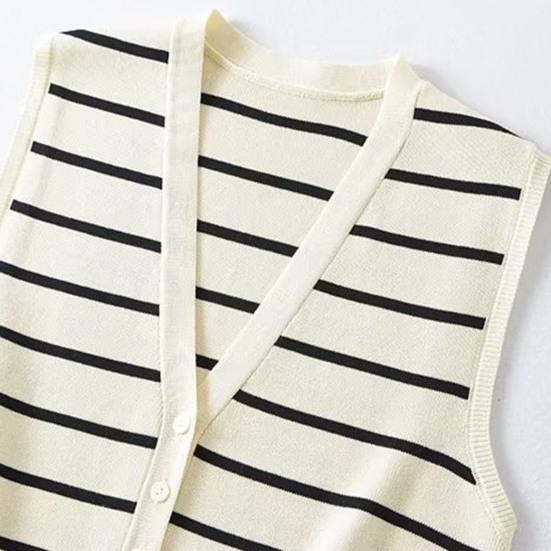 Women Knitting Vest V-Neck Sleeveless Single Breasted Striped Print Vest Wrinkle-Resistant Knitwear Daily Wear