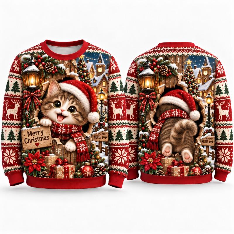 Cute Kitten Ugly Christmas Sweater For Men Women, Snowy Holiday Sweaters With Santa Cat Winter Party Gift