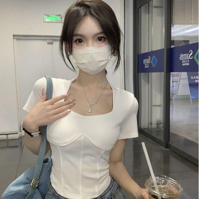 South East Asia new Korean version of fish bone design sense square collar T-shirt women's summer slim and thin short-sleeved top