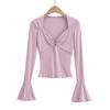 2023 Hot Girl Square Neck Metal Ring Hollow Long Sleeve Top - Sexy Clavicle Exposed Slim Fit Autumn Shirt with Flared Sleeves
