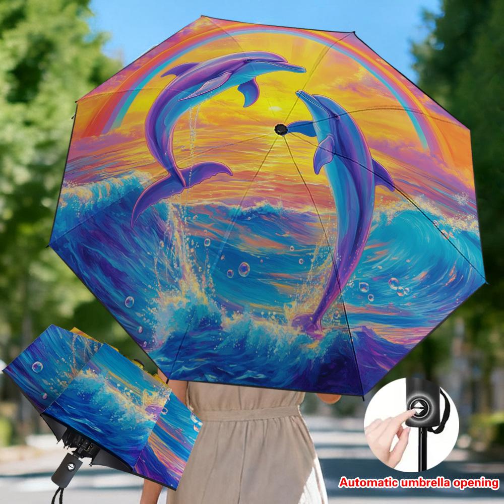 

1pc Automatic Folding Umbrella with Dolphins & Rainbow Design - -Resistant, Thickened Reinforced Frame, Compact & Lightweight (as the picture,Iron&8K)