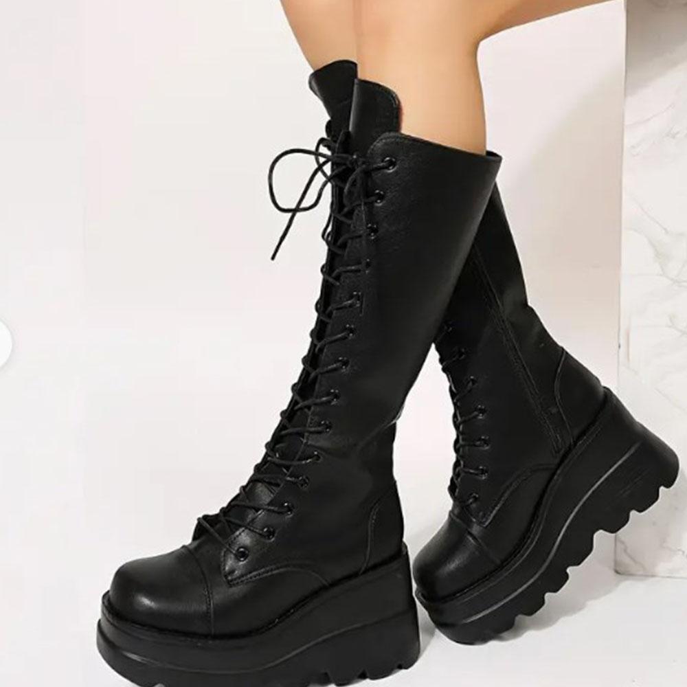 Men Women Formal Boots LaceUp RoundToe New Black Doratasia Gothic Fashion Round Toe Side Zipper Lace Mid Calf Ins Christmas Street Party Shoes Woman