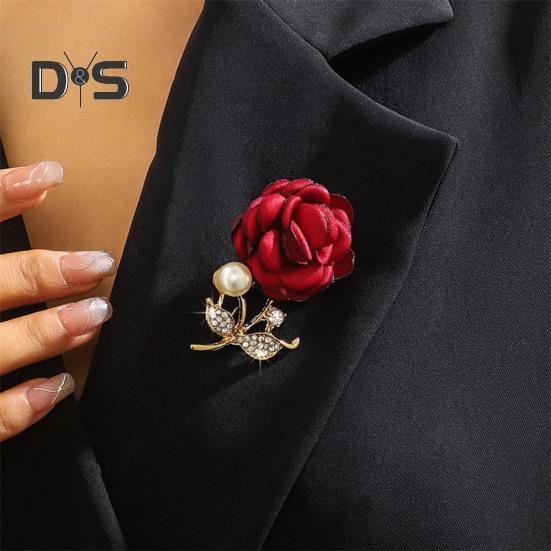 Faux Pearl Fabric Rose Brooch Artificial Flower Brooch Pin for Women Rhinestone Lapel Pin Clothing Accessories for Coat Hat Bag