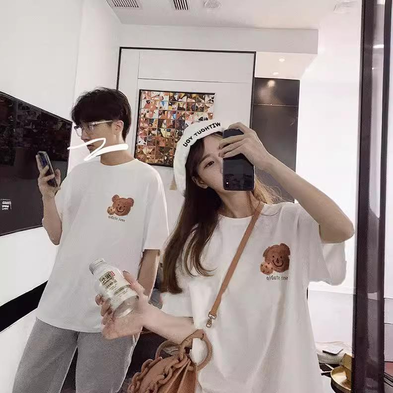 SCIONE Retro Bear Cartoon Printing Short-sleeved Round Neck Loose Leisure Versatile T-shirt 2025 New Sweet Cute Bear Couple Clothing