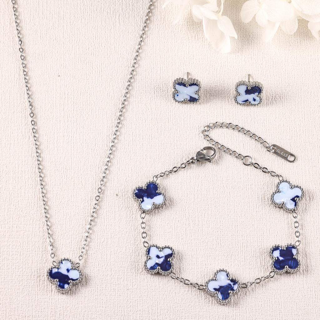 Conjunto de Brincos, Pulseira e Colar de Trevo 3 Peças Acessórios de Moda Coloridos de Luxo Leve