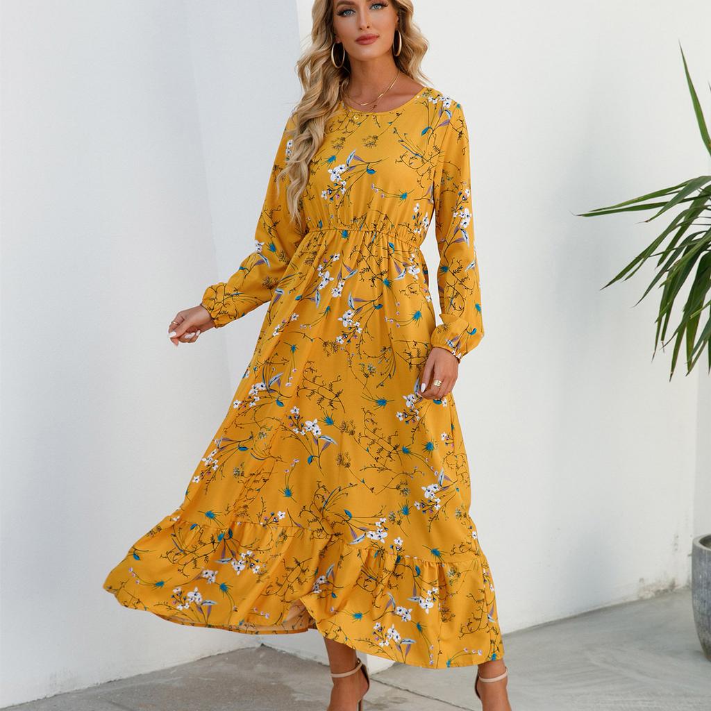 Women Spring Autumn O Neck Long Sleeve A Line Slim Elastic Waist Floral Print Long Dress Ruffle Clothing