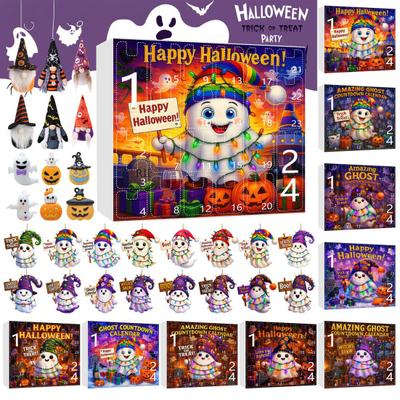 Calendário do Advento de Halloween 2025 Calendário de Contagem Regressiva de 24 Dias com Enfeites Acrílicos de Fantasma/Gnomo/Abóbora para Decoração de Festa em Casa Interna/Externa