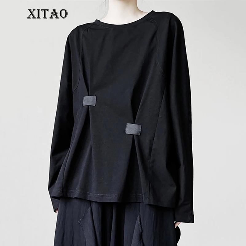 

XITAO повседневная однотонная женская футболка со складками и круглым вырезом с длинными рукавами LYD1741