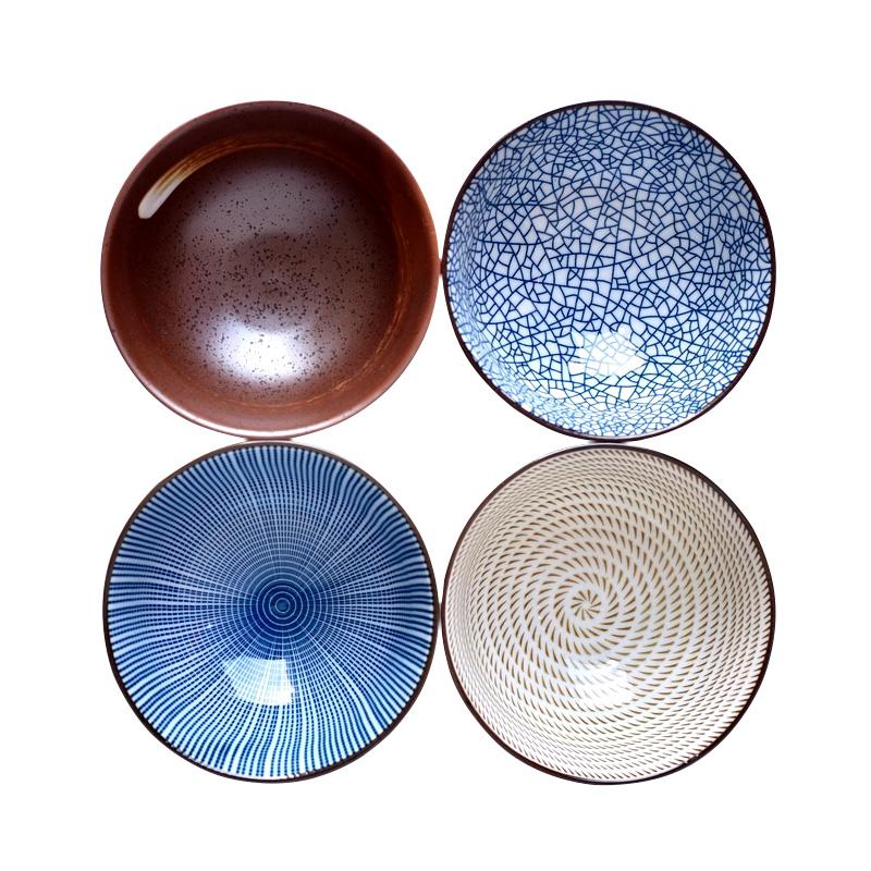 Set of 4pcs Ceramic Bowls Japanese Rice Bowl Blue Stripe Soup Bowl Restaurant Retro Dinnerware 4.5 inch Microwave Safe