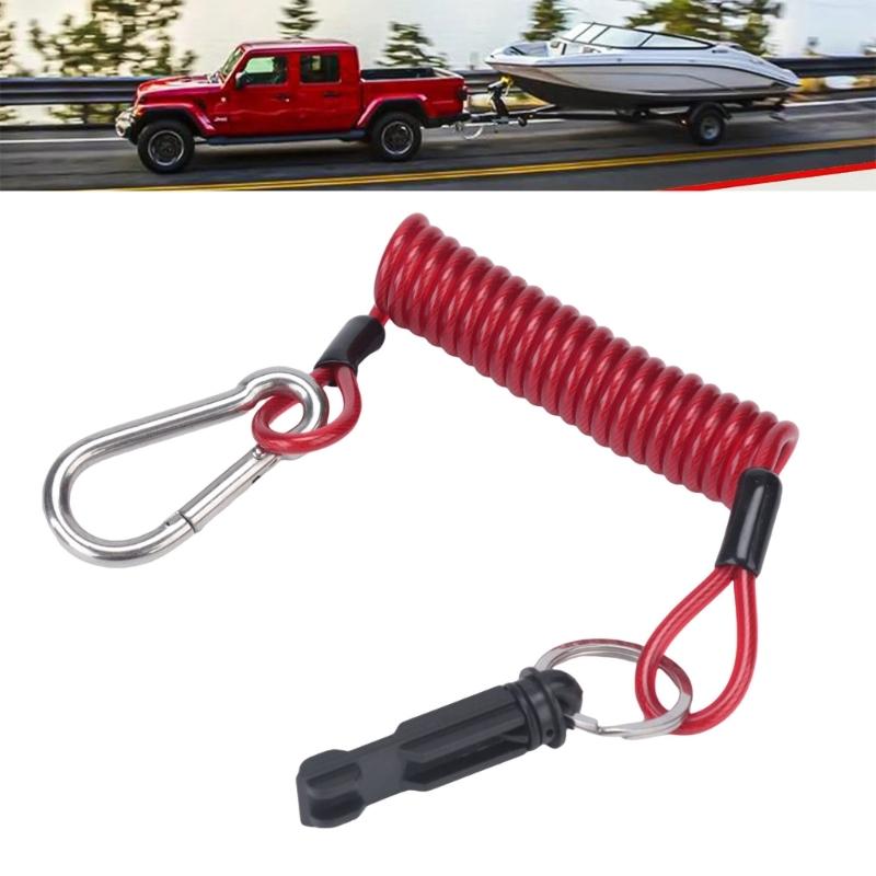 Coiled Trailer Brake Lanyard and Pin Assembly with Red Interlaced Cable, Metal Loop, and Snap Hook for Attachment to the Trailer Connection Point