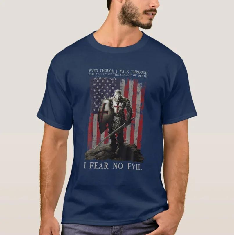 

I Fear No Evil USA Flag American Crusader Knights Templar TShirt 100 Cotton ONeck Summer Short Sleeve Casual Mens Tshirt 4XL