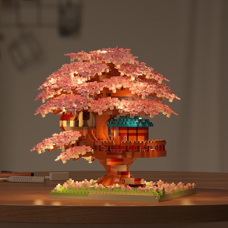 Cherry Blossom Treehouse Light-Up Building Blocks - Compatible with Lego, Flower Children's Toy, Girls' Handmade Ornament, Valentine's Day Gift.