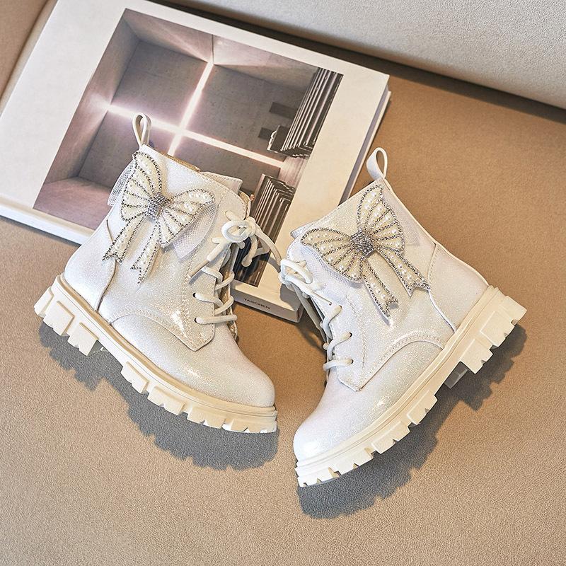 Botines Girl Boot Autumn Winter Bow Princess Shoe Fashion Glitter Shiny Ankle Boot Soft Sole Non-Slip Kid Shoe Botas