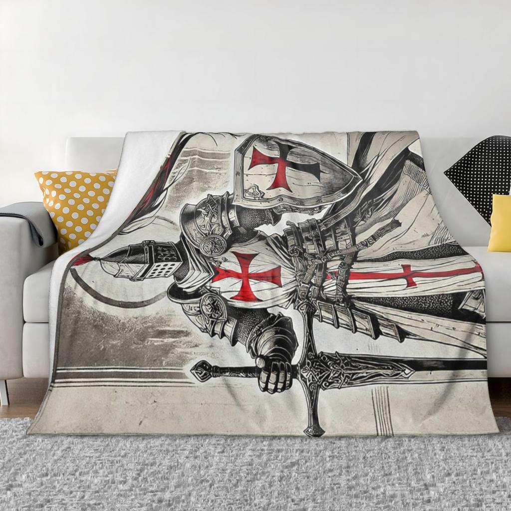 Knights Templar Flag With Coat Of Arms Medieval Warrior Cross Blanket Soft Flannel Throw Blanket Bedspread for Bed Living Room