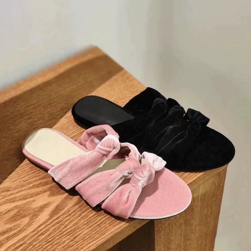 Sheepskin Version~ Korean Version of Velvet Flat Bottom One-word with Knotted Open-toed Sandals for Women To Wear 2025 Summer Cool Slippers