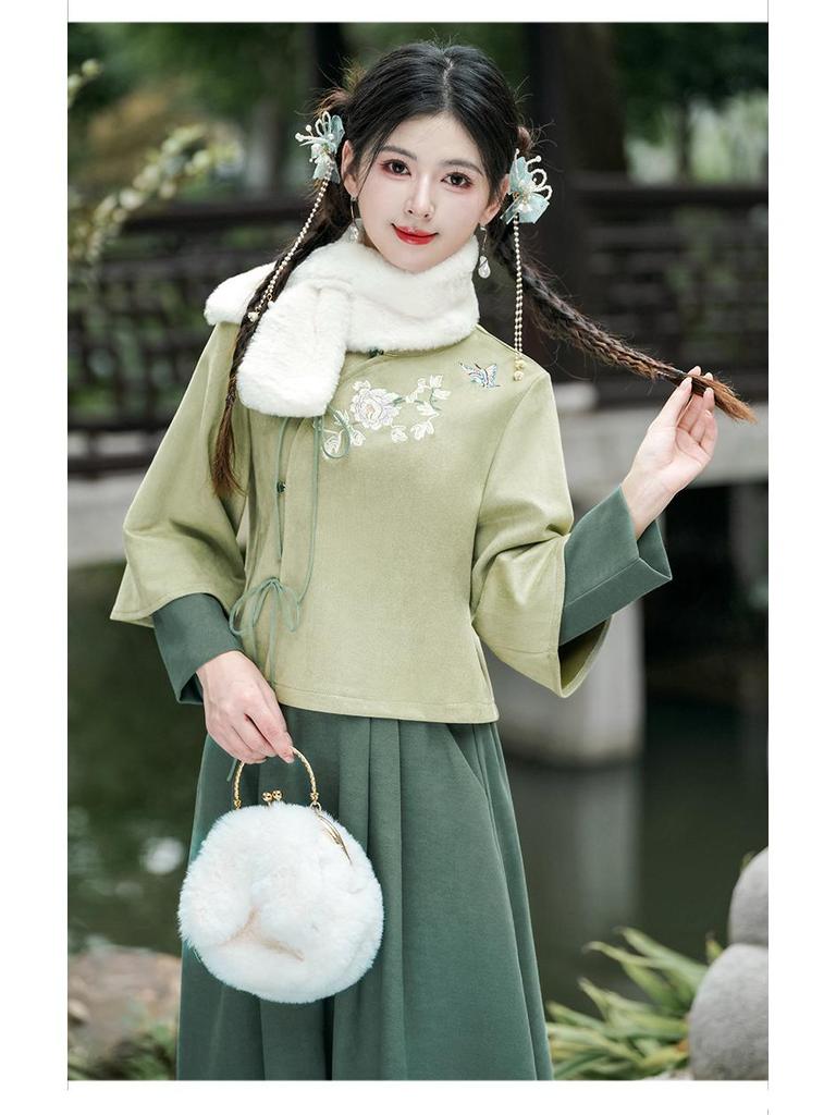 Podzimní/Zimní Retro Vyšívaný Tang oblek Hanfu Cheongsam Dvoudílný set