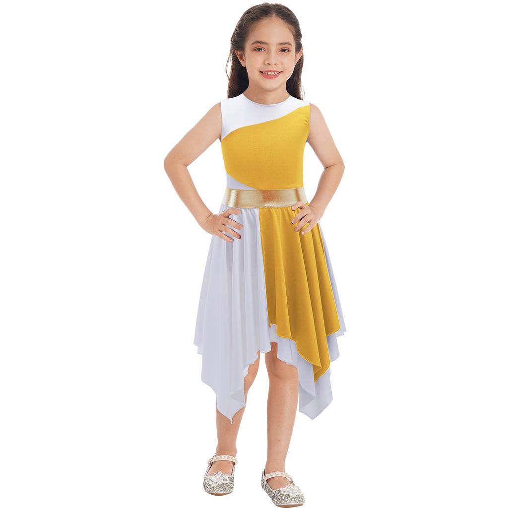 Kids Girls Sleeveless Lyrical Dance Costumes Contrast Color Asymmetrical Figure Skating Ballet Dress