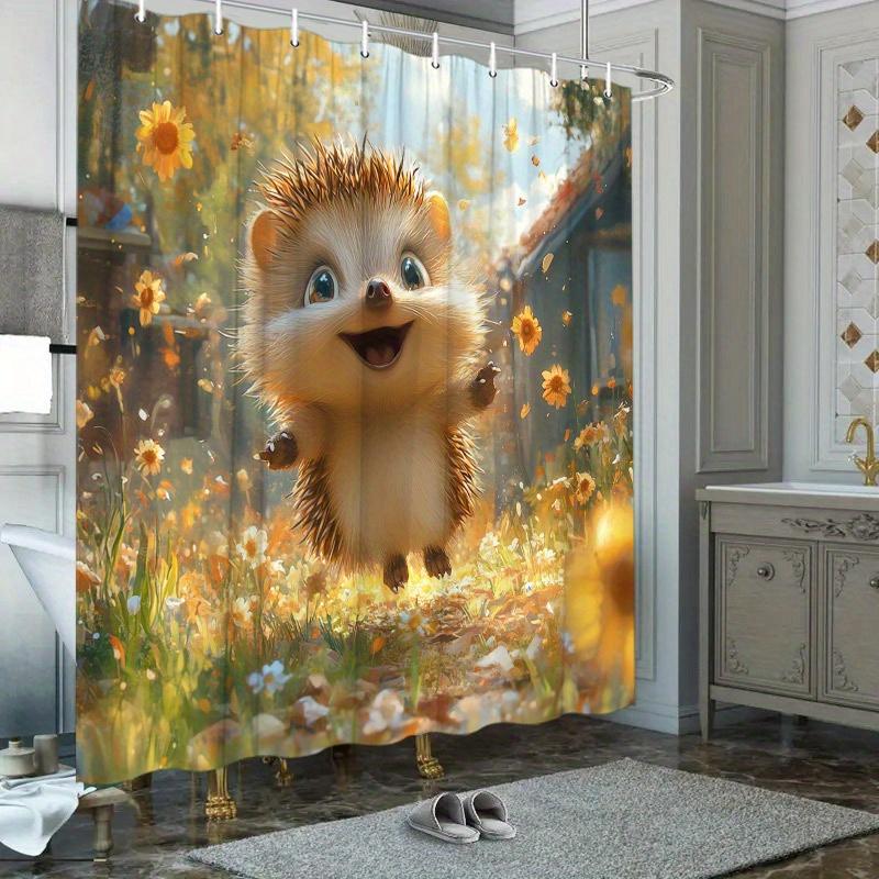 Joyful Hedgehog Shower Curtain - Whimsical Meadow Design, Daisies, Autumn Trees & Village Scene, Polyester, Warm Bathroom Decor