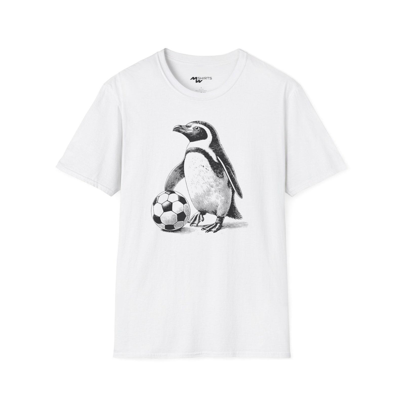 Penguin Soccer Ball T-Shirt: Copper Engraving Style, Unisex Soft-Style S