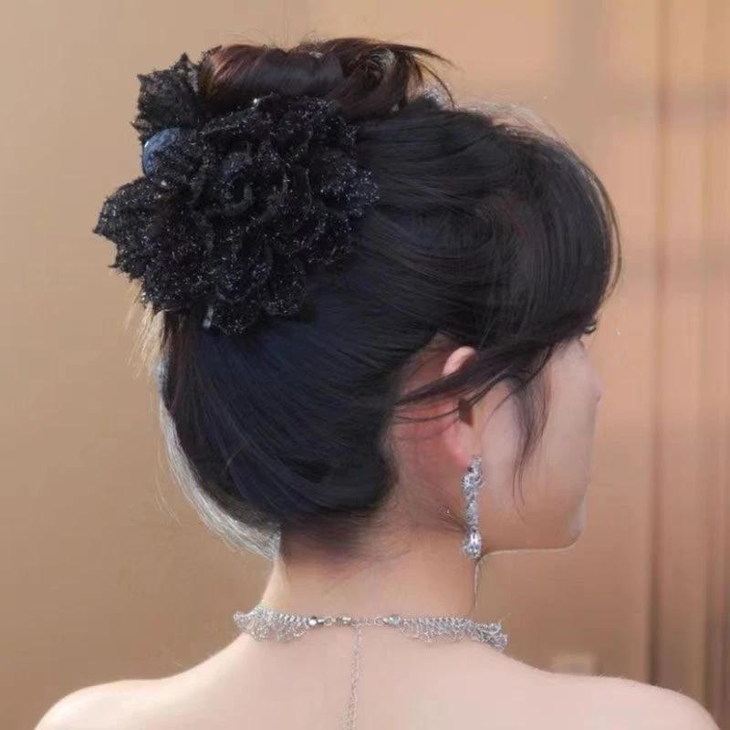 Fashion Black Mesh Flower Hair Clip For Women Shark Ponytail Claw Headdress Temperament Hair Accessories