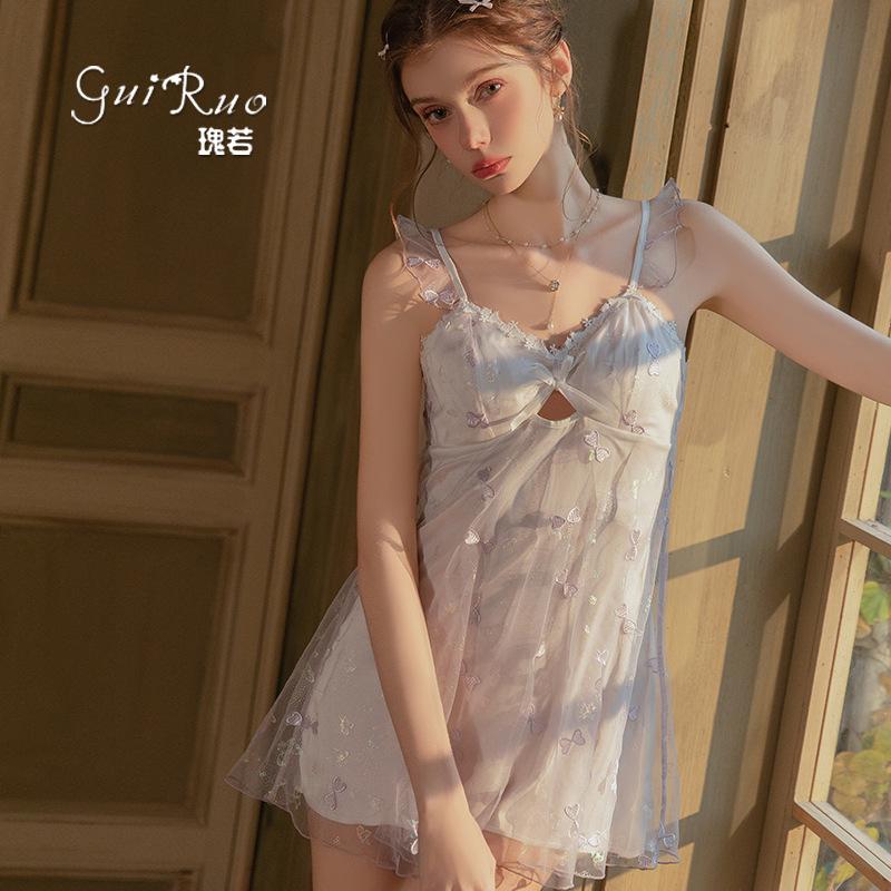Women's Satin Mesh Butterfly Embroidered Deep V Padded Backless Tie Sleep Dress