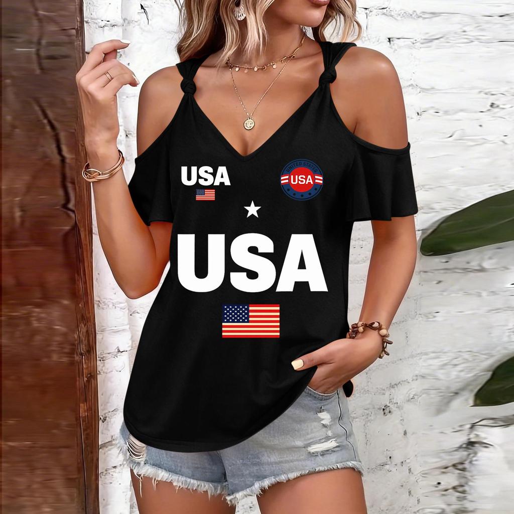 T-shirt Femme Épaules Dégagées Imprimé USA Bretelles à Nouer Manches Courtes Décontracté Haut d'Été Coupe Ample Chemisier Léger pour un Usage Quotidien