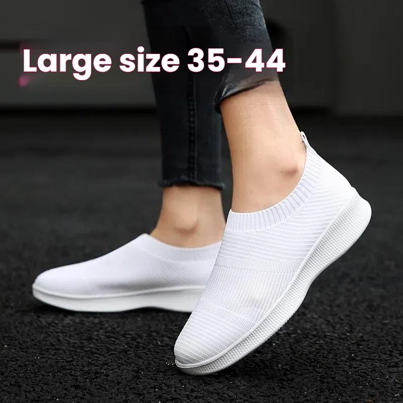 White Knitting Sock Sneakers Women Flat Shoes High Quality Woman Sneakers Slip On Flats Loafers Plus Size 44 Walking Flat Black