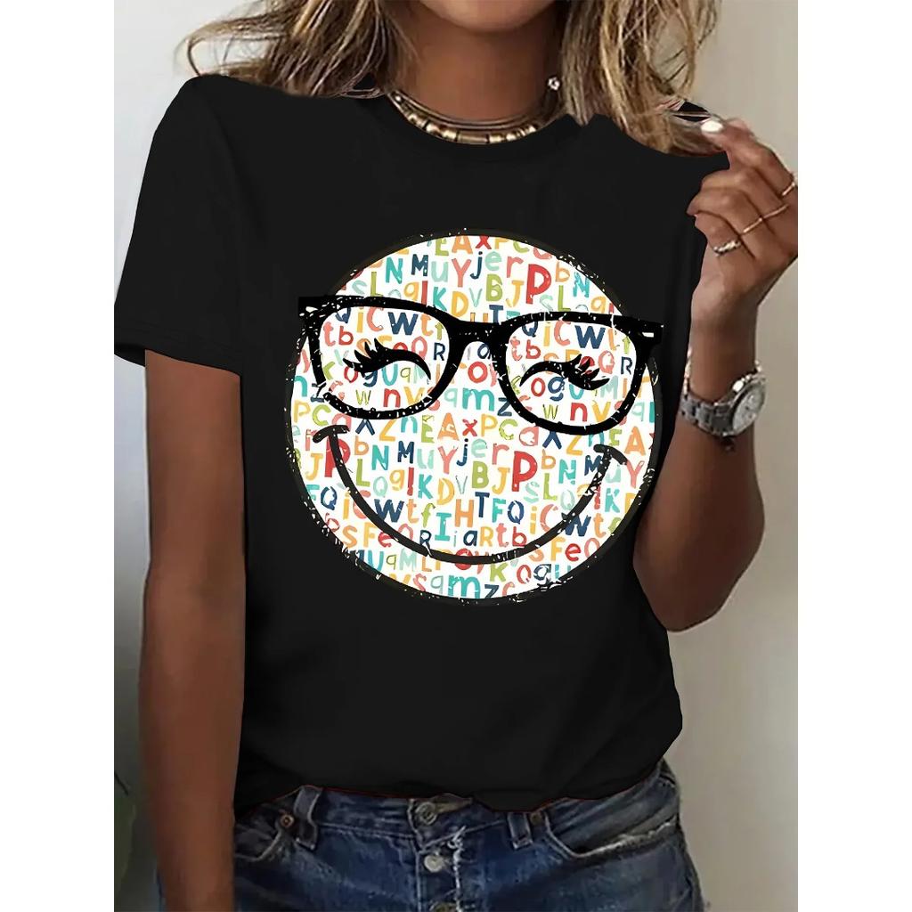 Sommar Rundhalsad Färgglad Leende Ansikte Mönster Tryckt Topp Trendig Vardaglig Ren Bomull Kortärmad Dam T-shirts