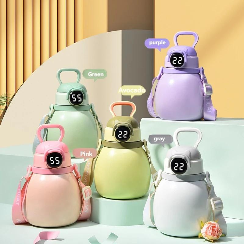 700ML Temperature Display Thermos Mug With Straw Portable Vacuum Flasks With Strap Fashion Cute Thermal Bottle Tumbler Day Gift