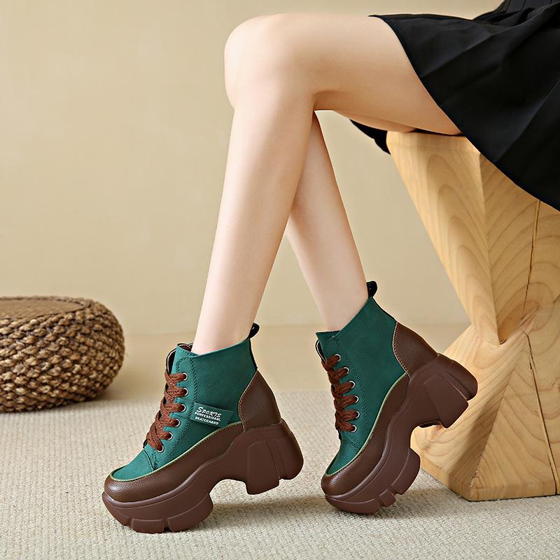 Short boots women's 2025 autumn fashion round head platform lace-up sports style casual shoes wedge heel fashion single shoes