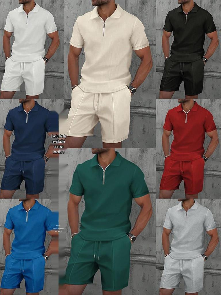 Men's Trendy Waffle Texture Lapel Polo and Shorts Set - Casual Sportswear, Short Sleeve Outfit