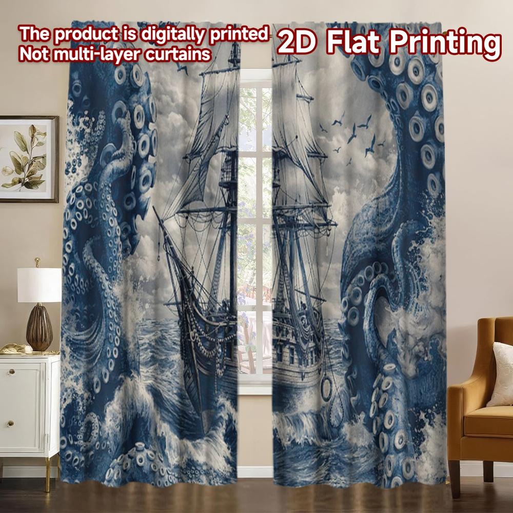 2D FLAT PRINTING 2pcs Curtains (Without Rod) Giant Octopus Surrounds Ship Pattern Modern Curtains Polyester Easy Install 60×150cm