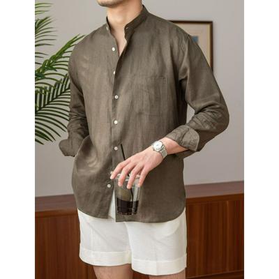 Casual Breathable Pure Linen Long-sleeved Shirt, All-match Vacation Stand-up Collar Shirt, Men's Stand-up Collar Top