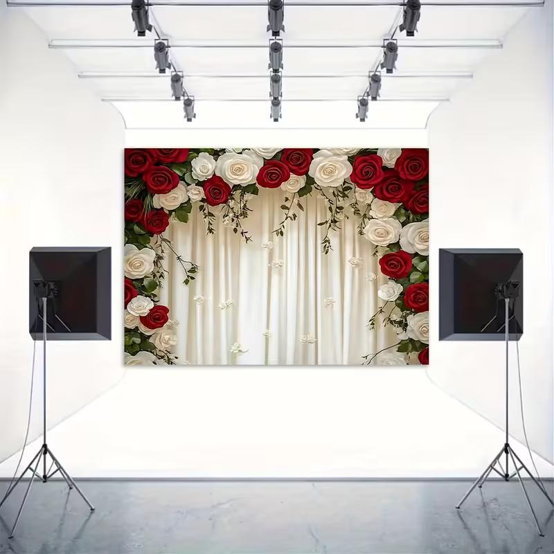 2D Red & White Rose Backdrop Cream Curtain Wedding Ceremony Background