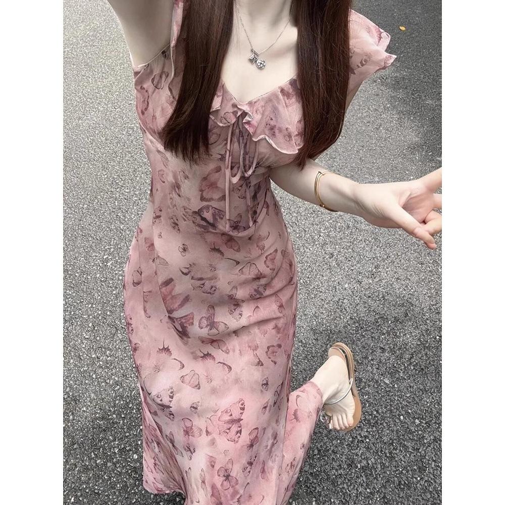 

Чистое желание длинное платье с принтом бабочек и краем в виде лепестка лотоса, тонкое, женское, летнее, новое, с талией, темпераментная юбка для женщин XL