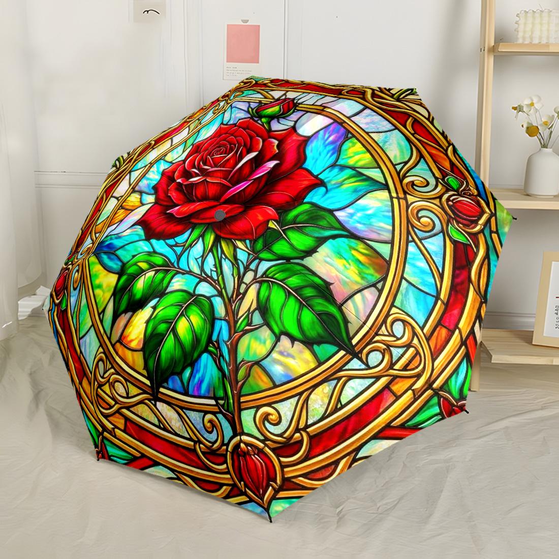 

Stained Glass Carnivorous Plant Portable Automatic Umbrella Folding Umbrella with 8 Ribs Durable Plastic & Iron for Outdoor Daily Use